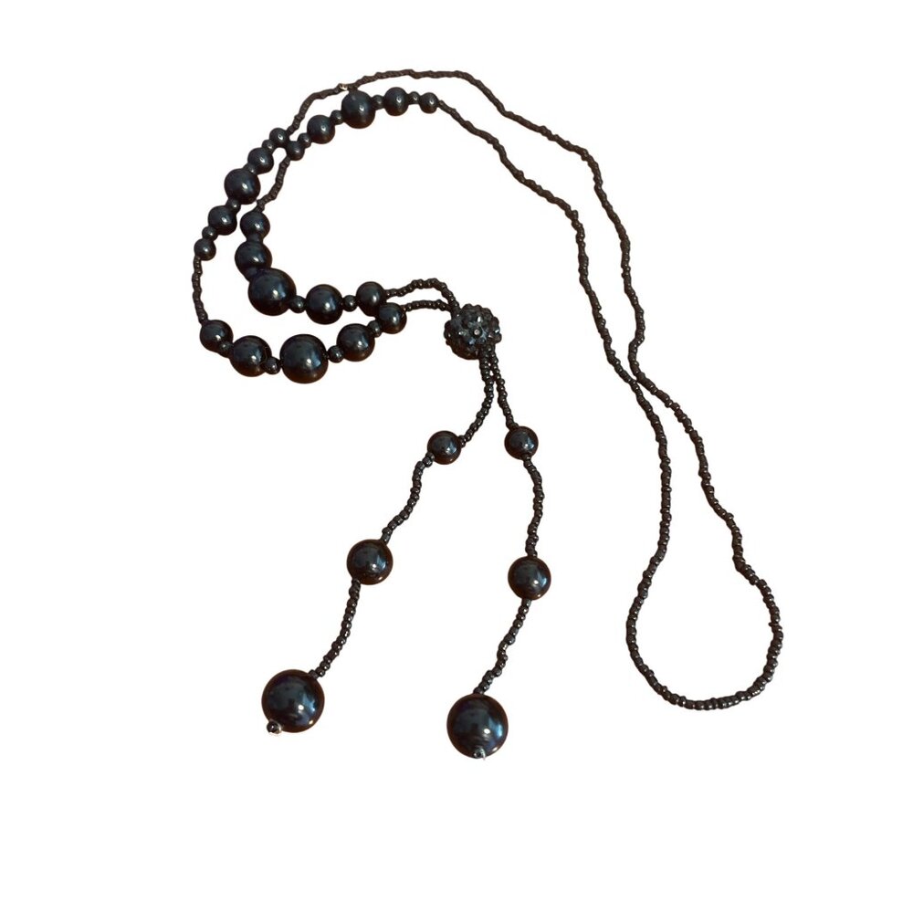 Vintage Black Glass Seed Bead Lariat Necklace 30" Tassel 4" Estate NWOT